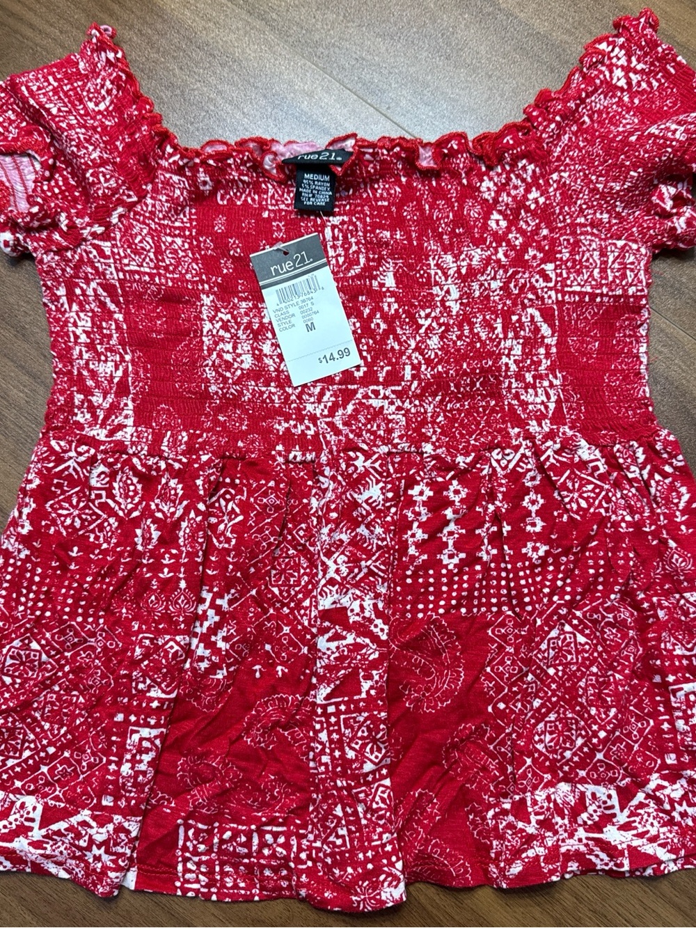 rue21 Red & White Smocked Babydoll Top with Ruffle Neck